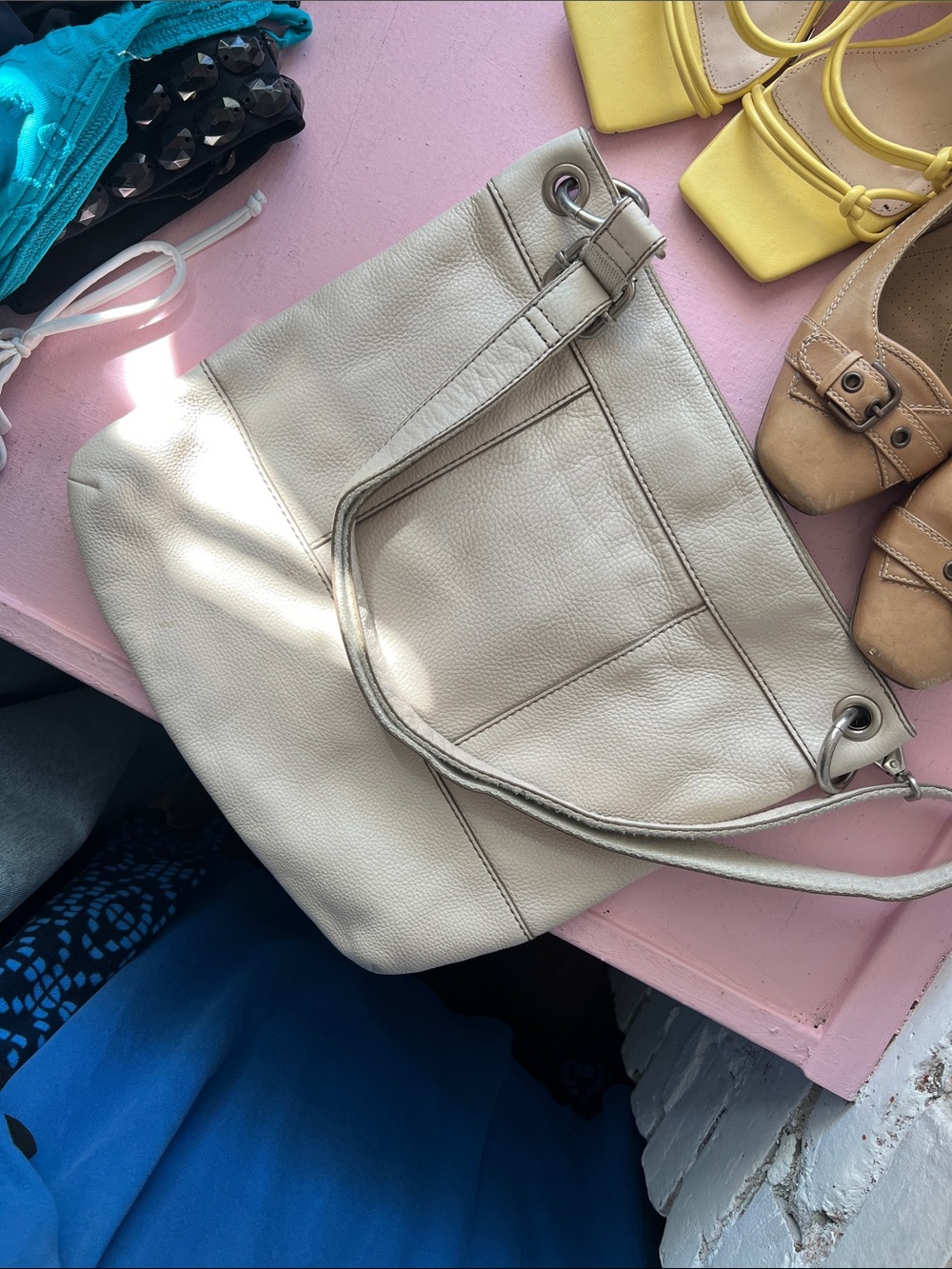 Women's Neutral Leather Shoulder Bag - Beige silver hardware - Picture 5 of 16